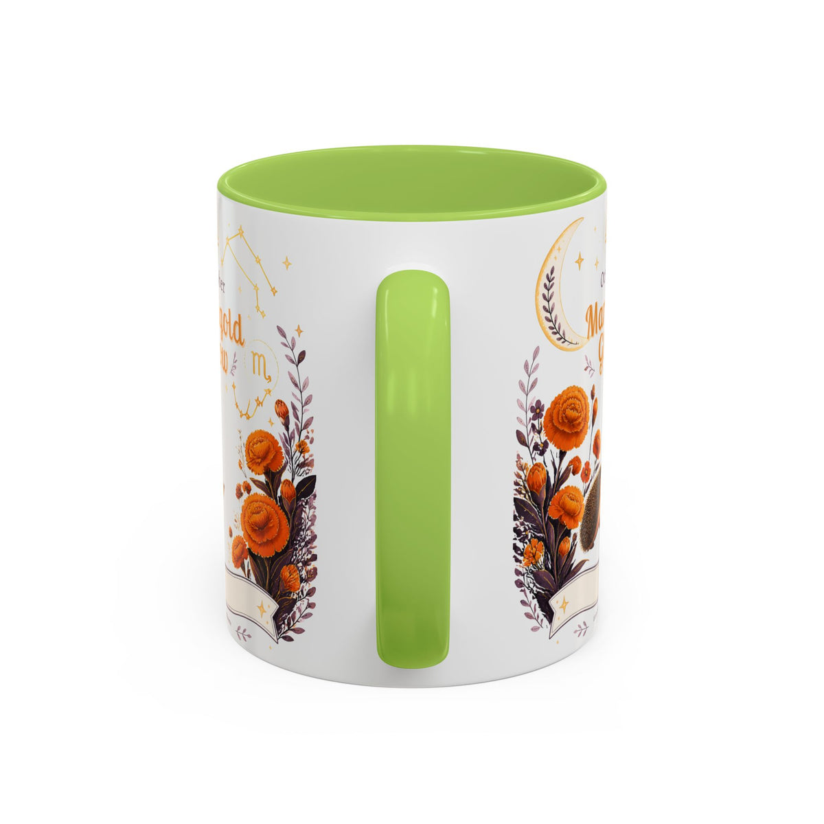 October Birth Flower Marigold Glow Accent Coffee Mug — Zodiac Libra Floral Hedgehog
