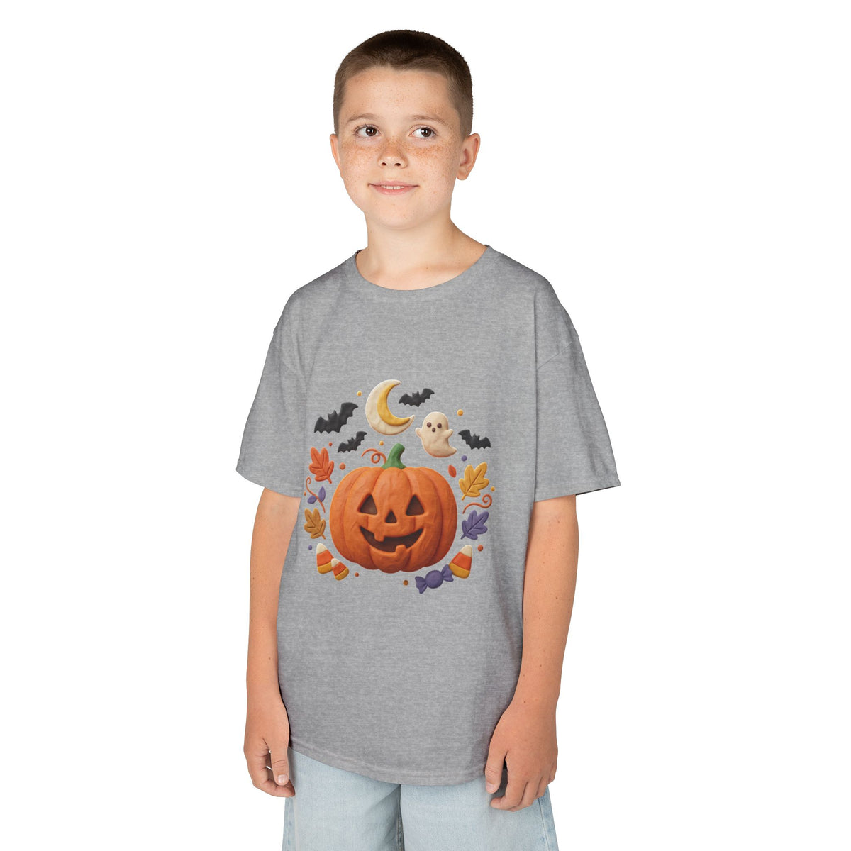 Jack-o'-Lantern Pumpkin Kids Tee | Halloween Ghosts, Bats, Moon, Autumn Leaves