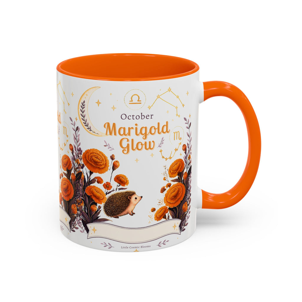 October Birth Flower Marigold Glow Accent Coffee Mug — Zodiac Libra Floral Hedgehog