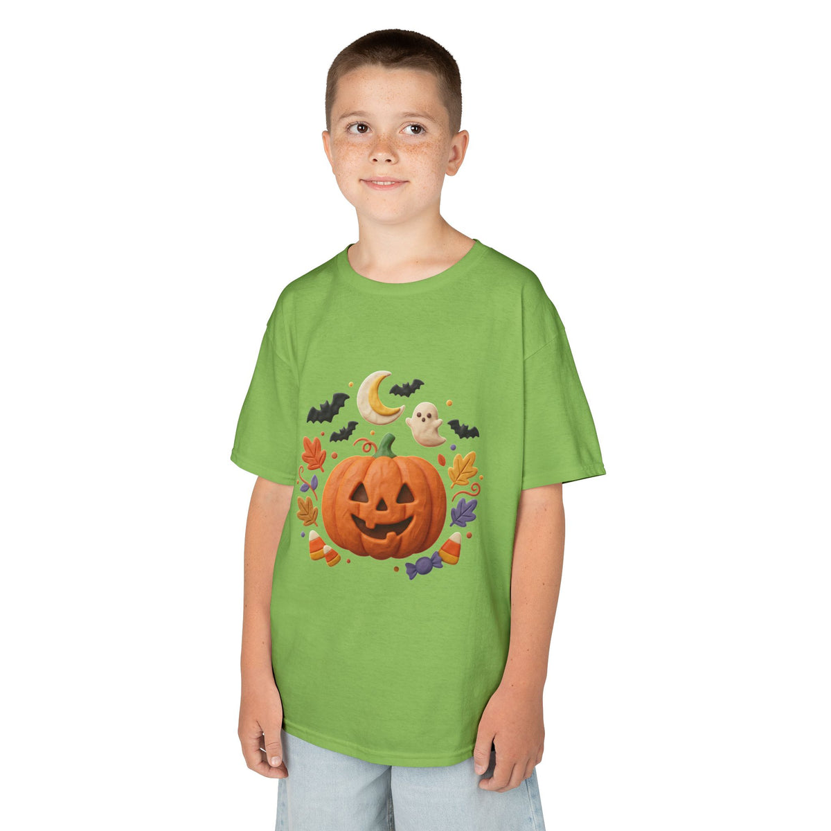Jack-o'-Lantern Pumpkin Kids Tee | Halloween Ghosts, Bats, Moon, Autumn Leaves