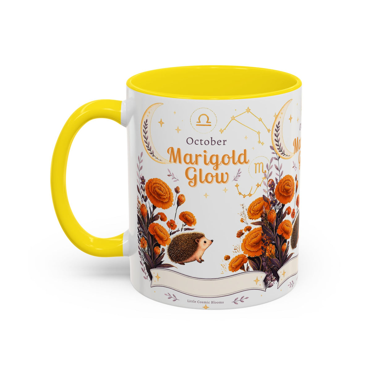 October Birth Flower Marigold Glow Accent Coffee Mug — Zodiac Libra Floral Hedgehog