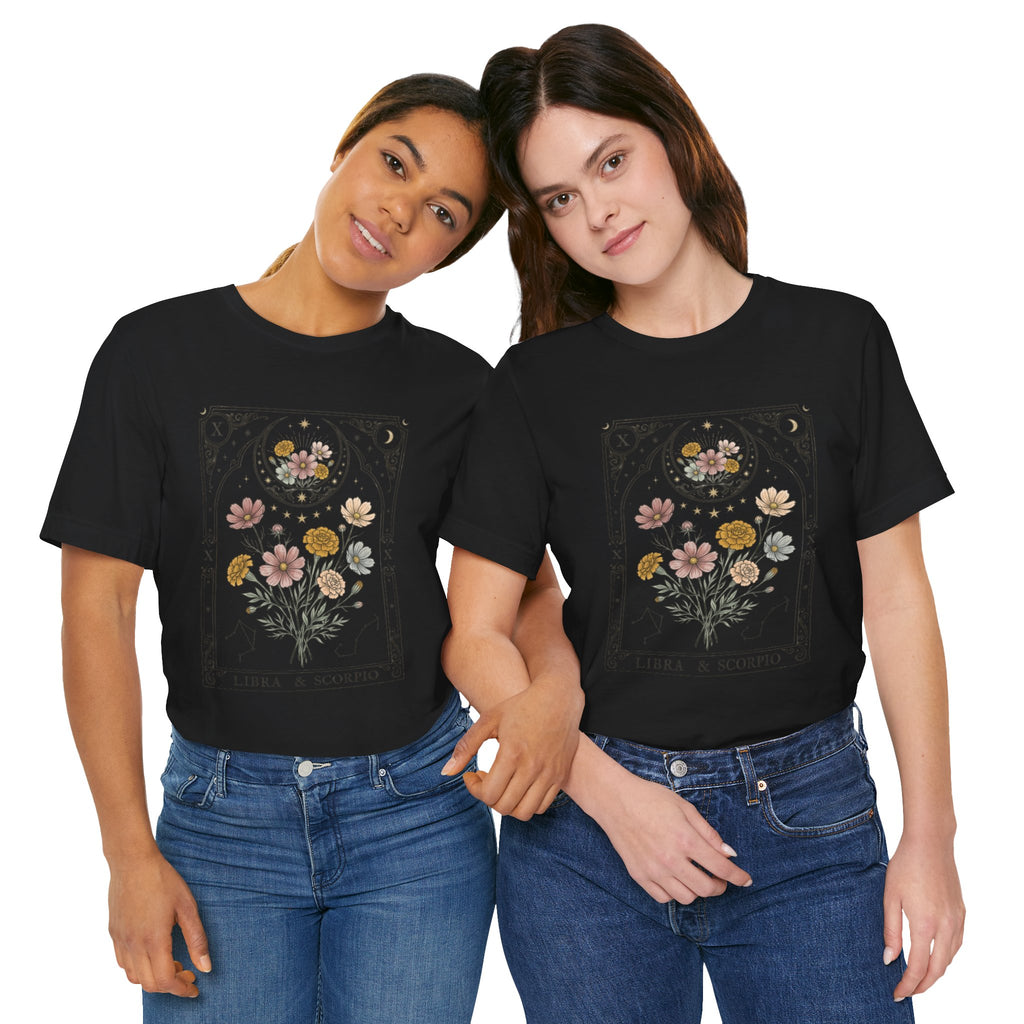Libra & Scorpio Floral Zodiac T‑Shirt — Botanical Horoscope Tee