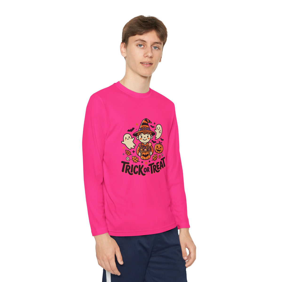 Trick or Treat Witch Kid Long Sleeve Shirt | Halloween Ghosts Pumpkins