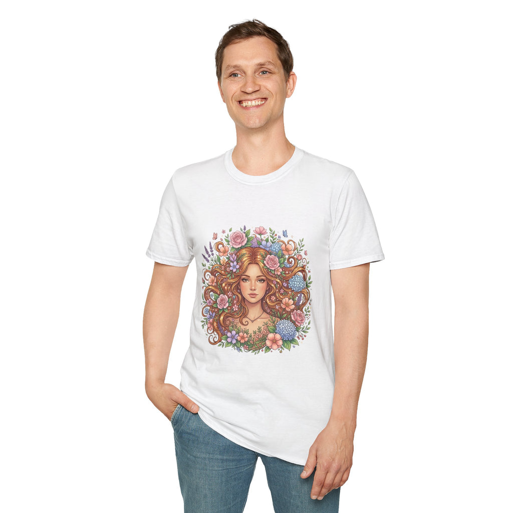 Floral Maiden T-Shirt — Vintage Boho Woman with Flowers Graphic