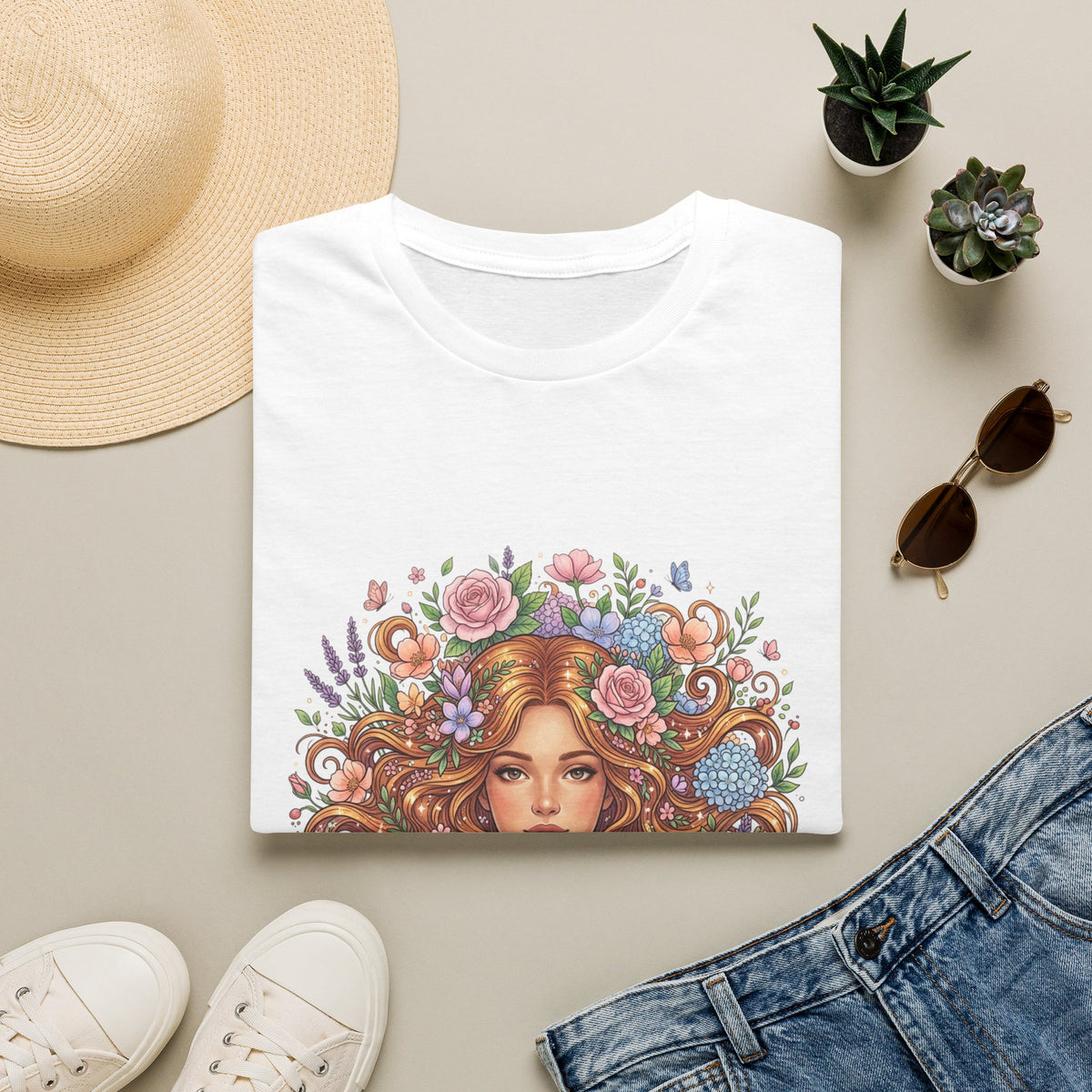 Floral Maiden T-Shirt — Vintage Boho Woman with Flowers Graphic