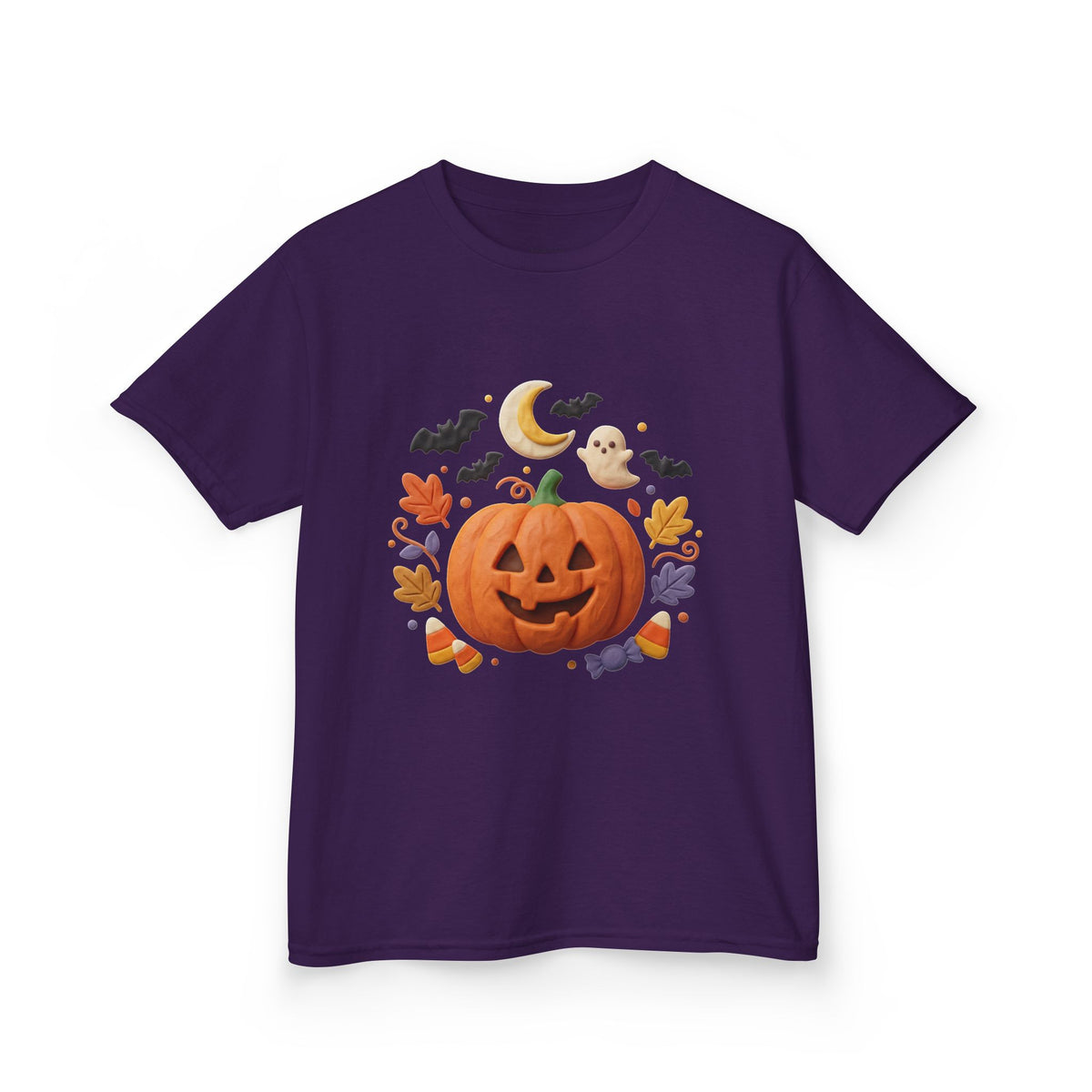 Jack-o'-Lantern Pumpkin Kids Tee | Halloween Ghosts, Bats, Moon, Autumn Leaves