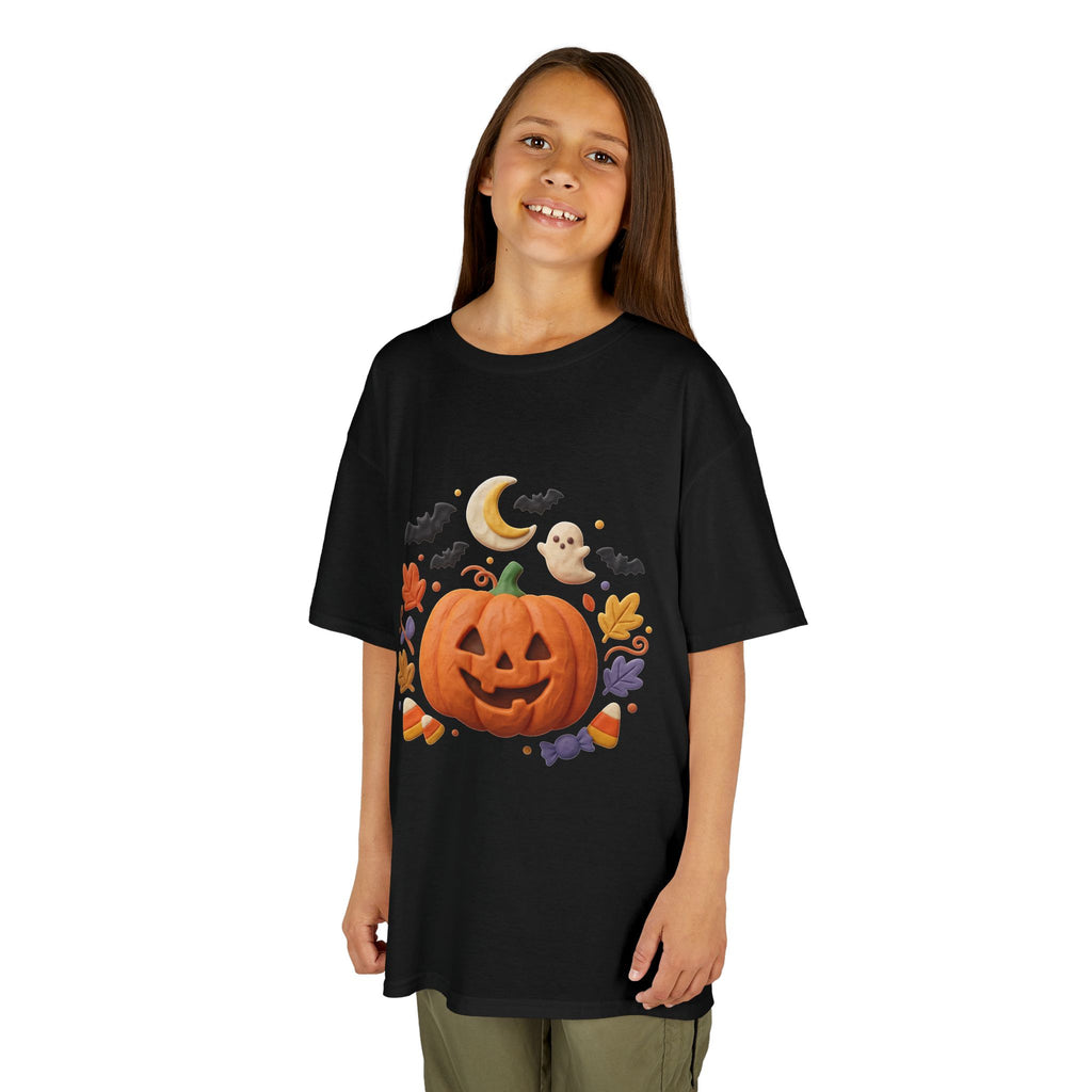 Jack-o'-Lantern Pumpkin Kids Tee | Halloween Ghosts, Bats, Moon, Autumn Leaves