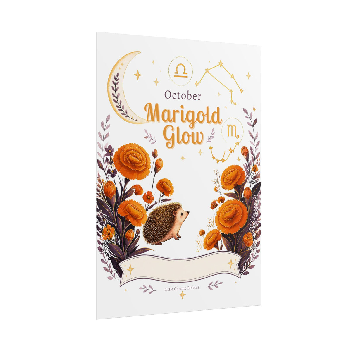 October Birth Flower, Marigold Glow Poster — Zodiac Libra/Hedgehog Wall Art
