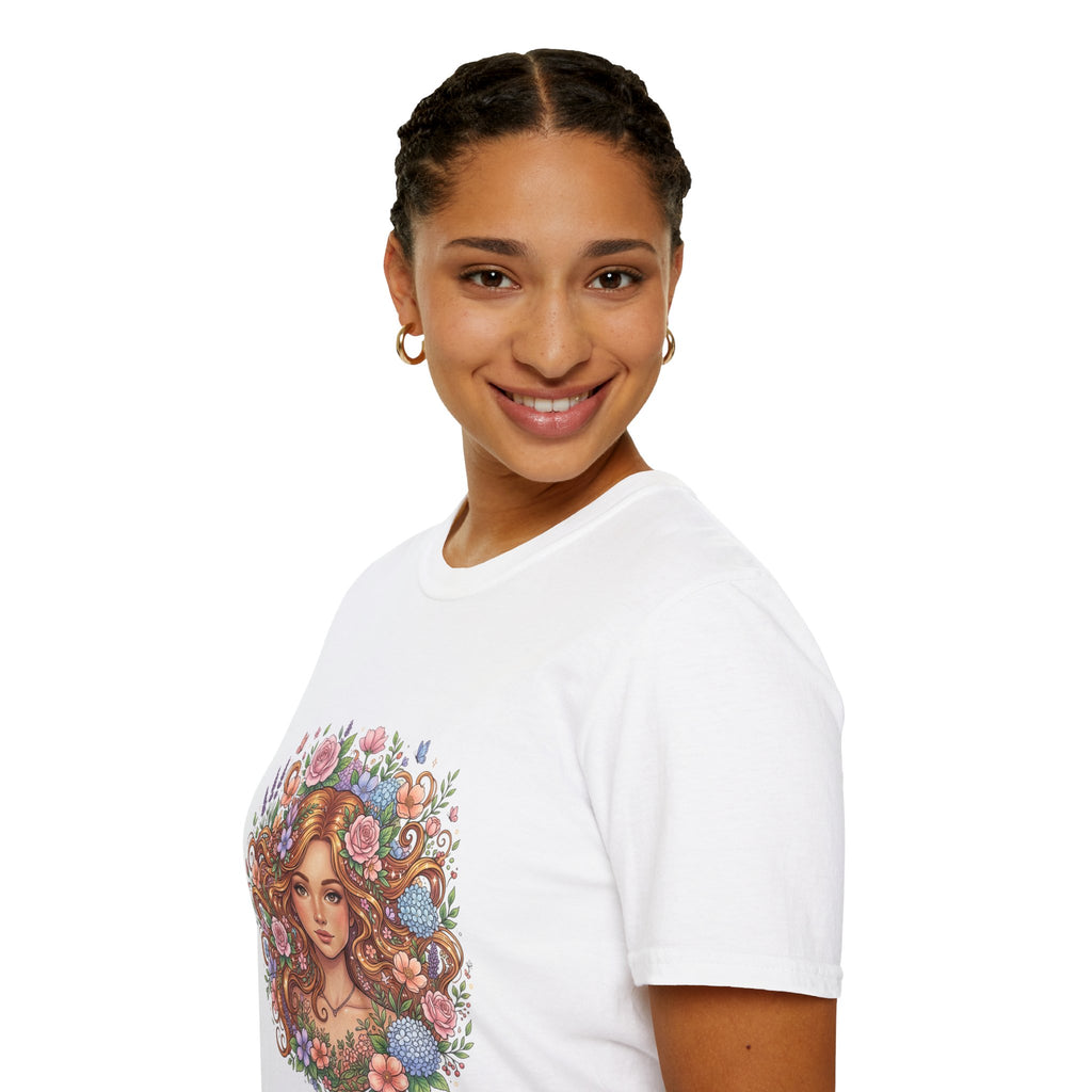 Floral Maiden T-Shirt — Vintage Boho Woman with Flowers Graphic
