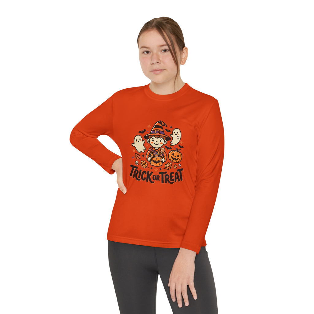 Trick or Treat Witch Kid Long Sleeve Shirt | Halloween Ghosts Pumpkins