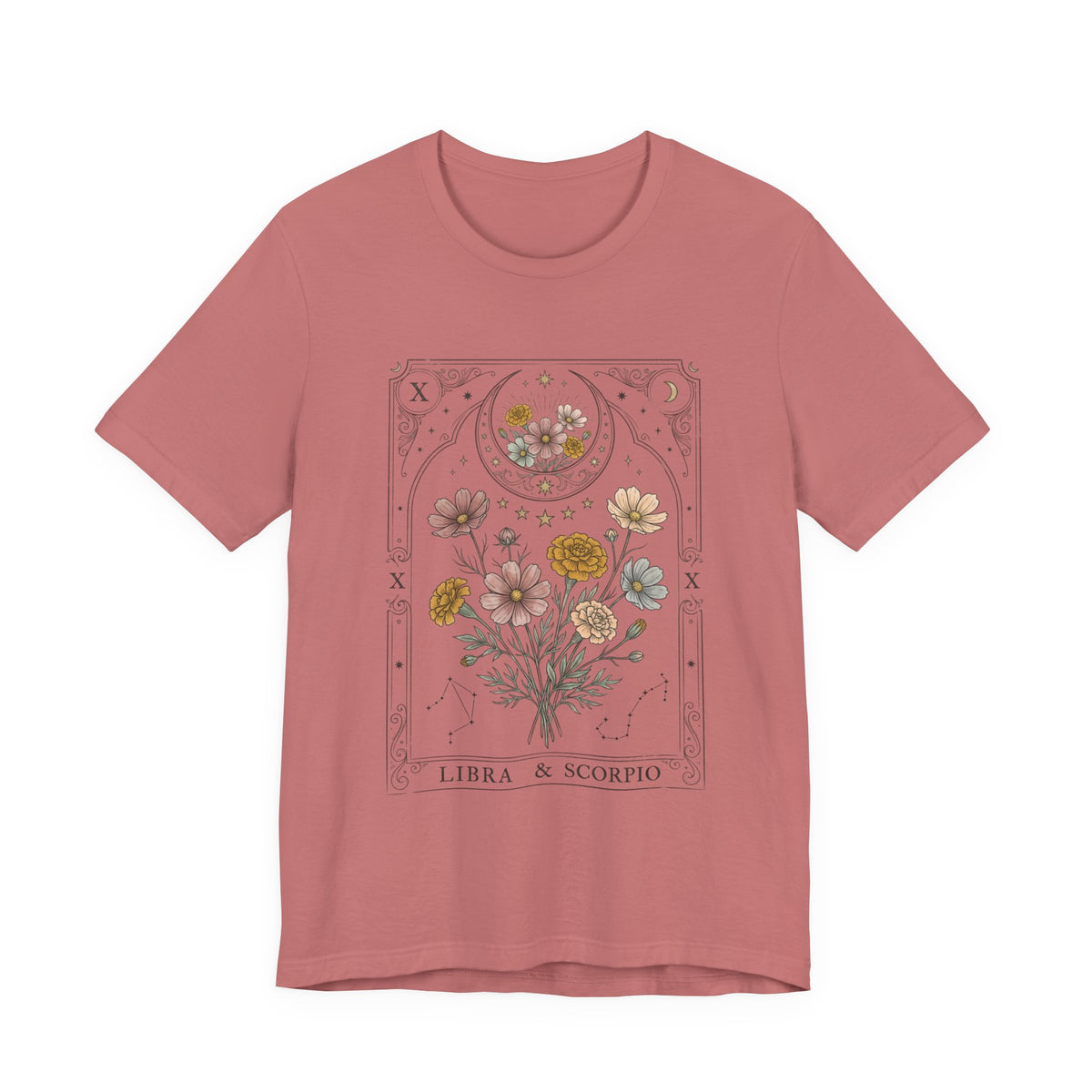 October - Libra & Scorpio Floral Zodiac Birth Flower T‑Shirt — Botanical Horoscope Tee