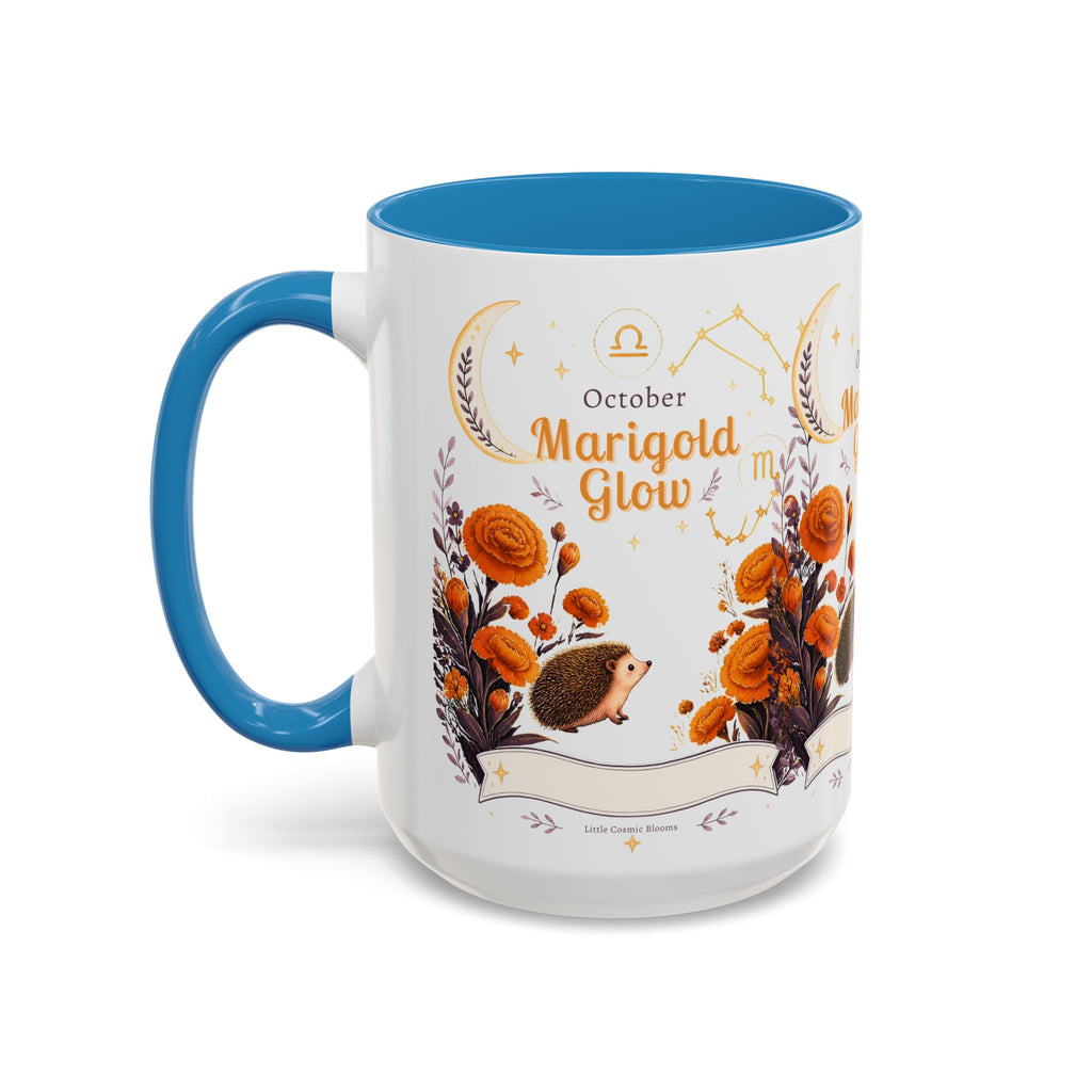 October Birth Flower Marigold Glow Accent Coffee Mug — Zodiac Libra Floral Hedgehog