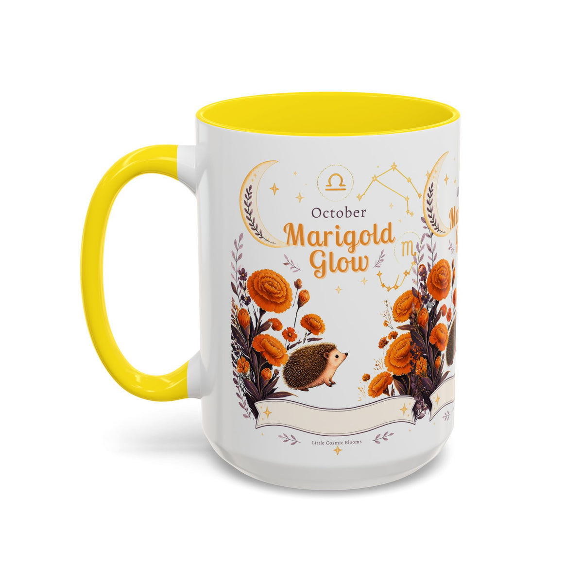 October Birth Flower Marigold Glow Accent Coffee Mug — Zodiac Libra Floral Hedgehog