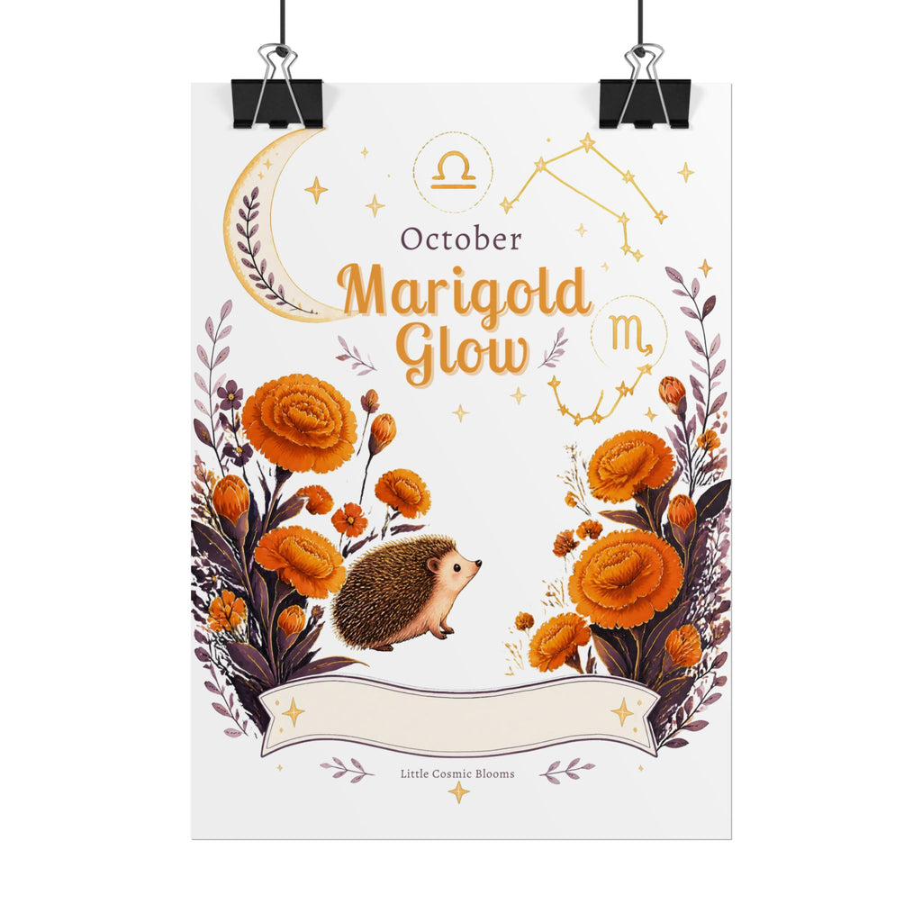 October Birth Flower, Marigold Glow Poster — Zodiac Libra/Hedgehog Wall Art