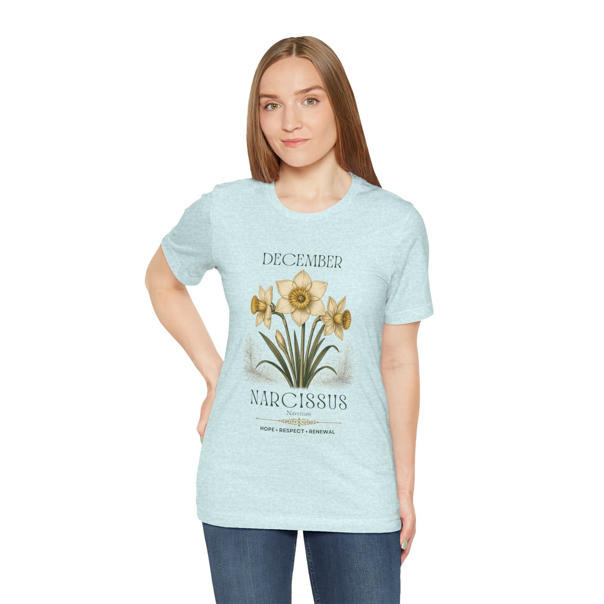 December Birth Flower Tee | Narcissus & Holly Celestial Design | Birthday Gift