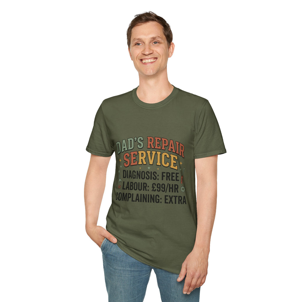 Dad's Repair Service T-Shirt | Funny Handyman Slogan, Tool Graphic