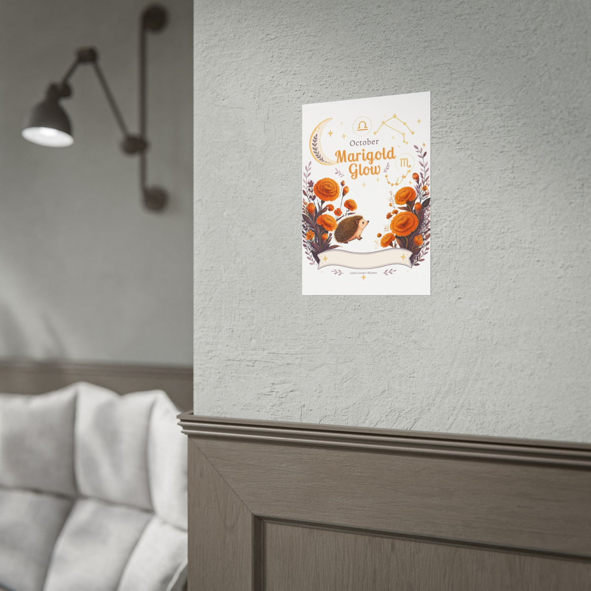 October Birth Flower, Marigold Glow Poster — Zodiac Libra/Hedgehog Wall Art