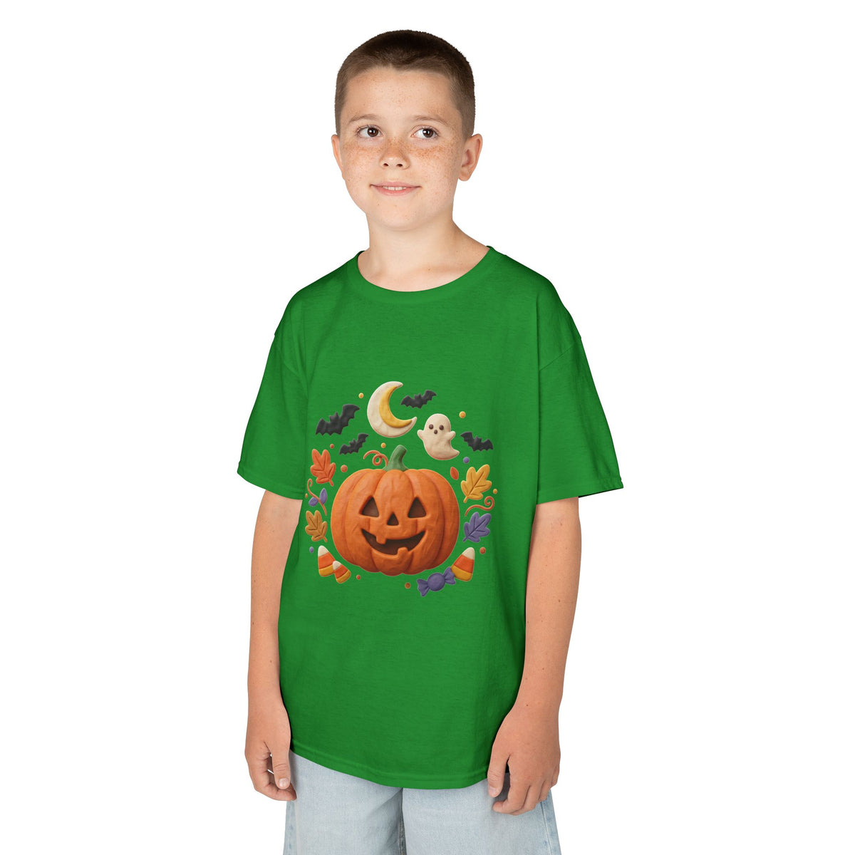 Jack-o'-Lantern Pumpkin Kids Tee | Halloween Ghosts, Bats, Moon, Autumn Leaves