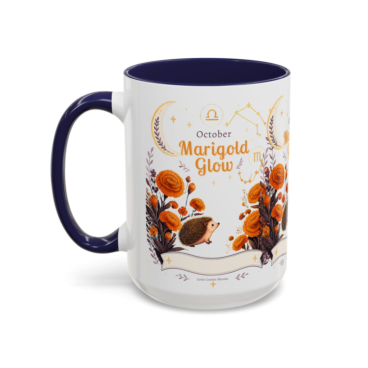 October Birth Flower Marigold Glow Accent Coffee Mug — Zodiac Libra Floral Hedgehog