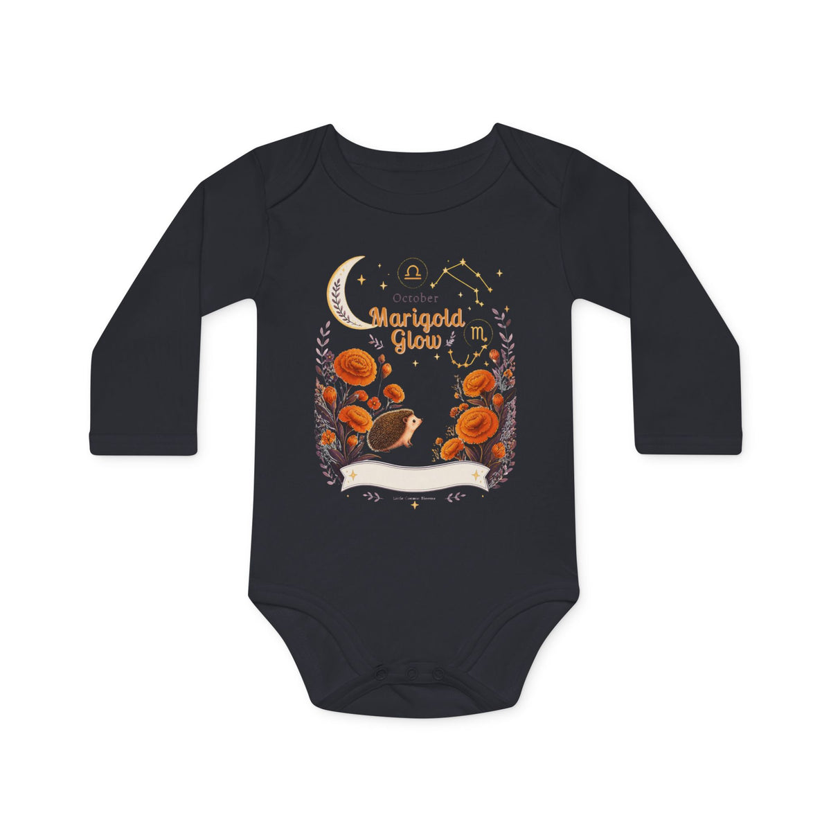 October Marigold Glow Organic Baby Bodysuit — Long‑Sleeve Floral Moon Design