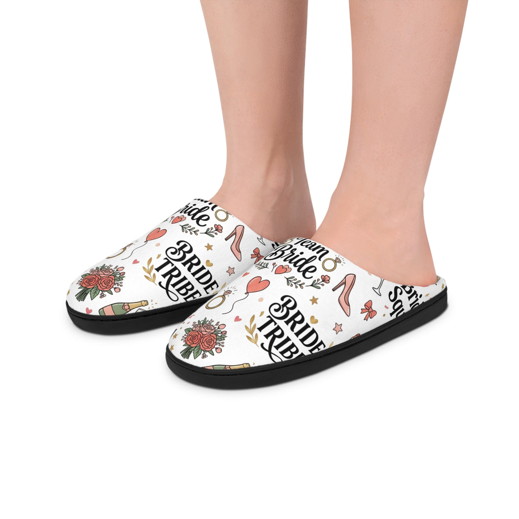 Bridal Party Indoor Slippers — 'Bride Squad' Champagne & Rose Pattern