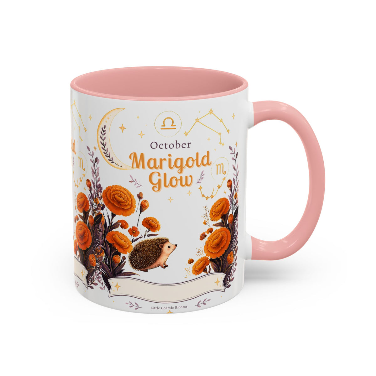 October Birth Flower Marigold Glow Accent Coffee Mug — Zodiac Libra Floral Hedgehog