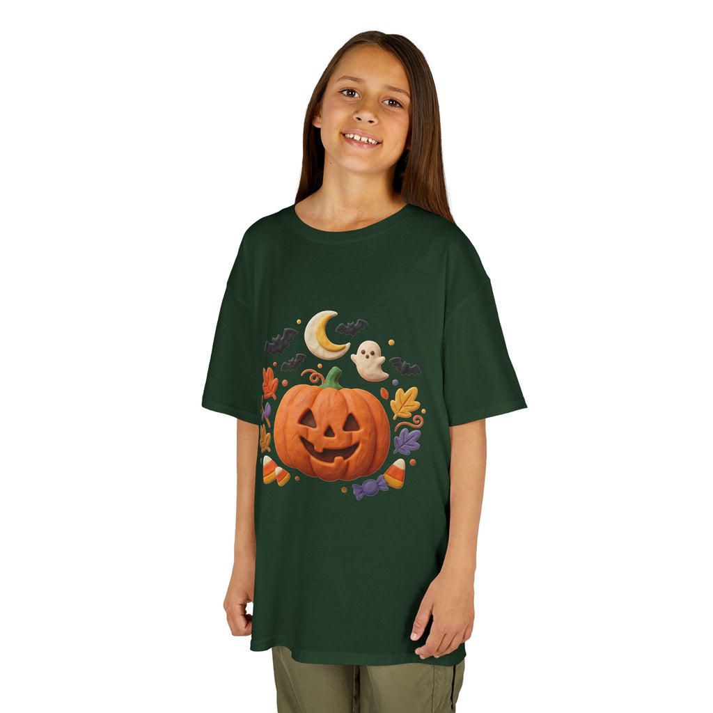 Jack-o'-Lantern Pumpkin Kids Tee | Halloween Ghosts, Bats, Moon, Autumn Leaves