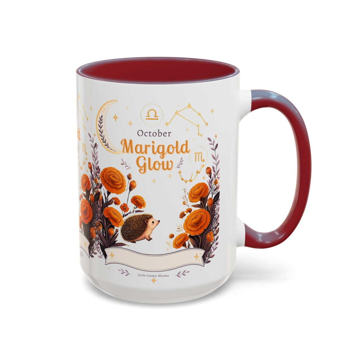 October Birth Flower Marigold Glow Accent Coffee Mug — Zodiac Libra Floral Hedgehog