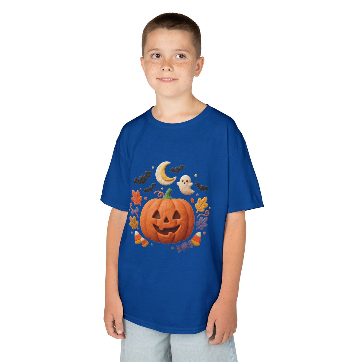 Jack-o'-Lantern Pumpkin Kids Tee | Halloween Ghosts, Bats, Moon, Autumn Leaves