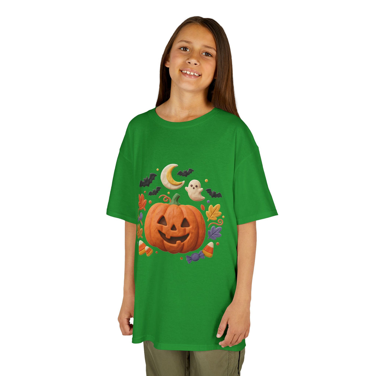 Jack-o'-Lantern Pumpkin Kids Tee | Halloween Ghosts, Bats, Moon, Autumn Leaves