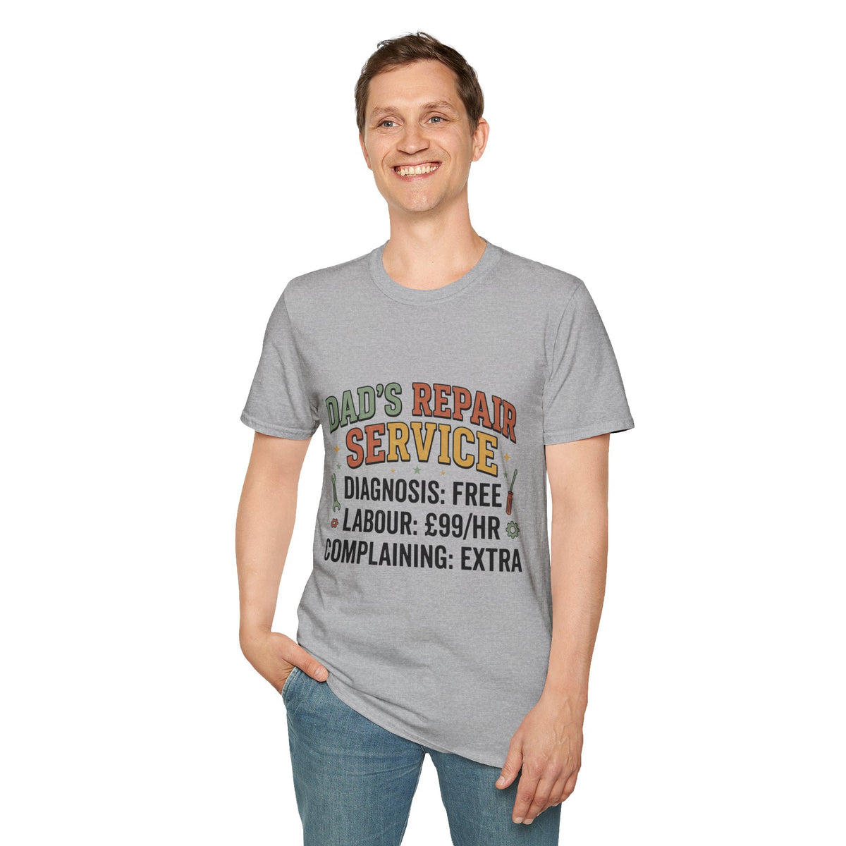 Dad's Repair Service T-Shirt | Funny Handyman Slogan, Tool Graphic
