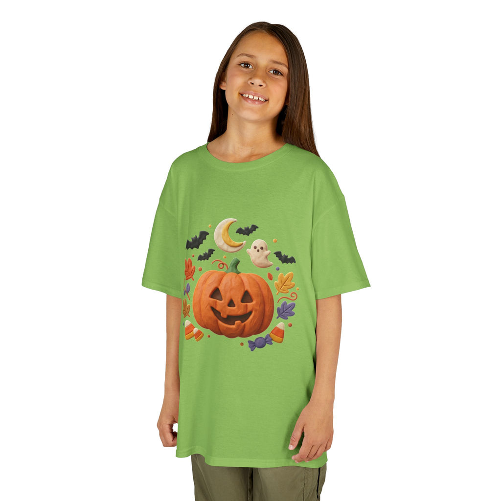 Jack-o'-Lantern Pumpkin Kids Tee | Halloween Ghosts, Bats, Moon, Autumn Leaves