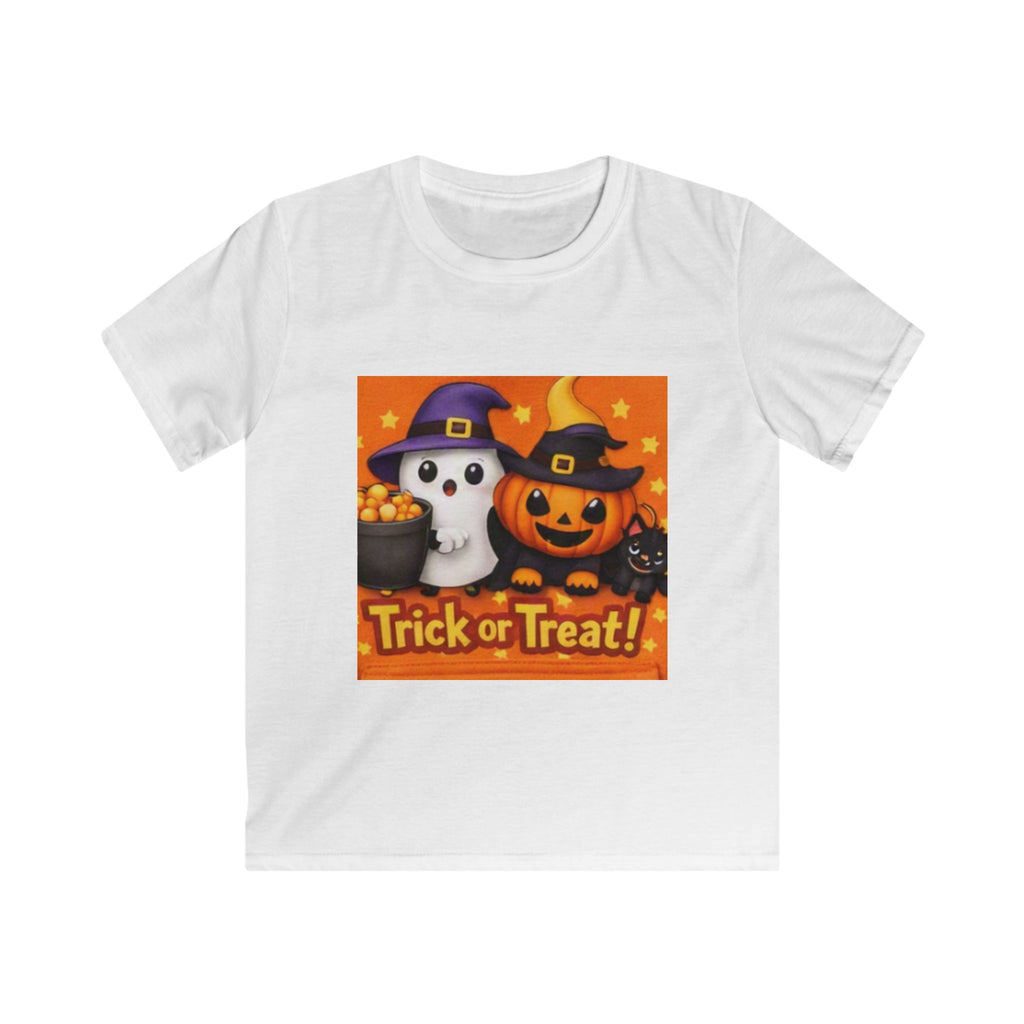 Halloween Trick or Treat T‑Shirt — Cute Ghost, Pumpkin & Cat Design