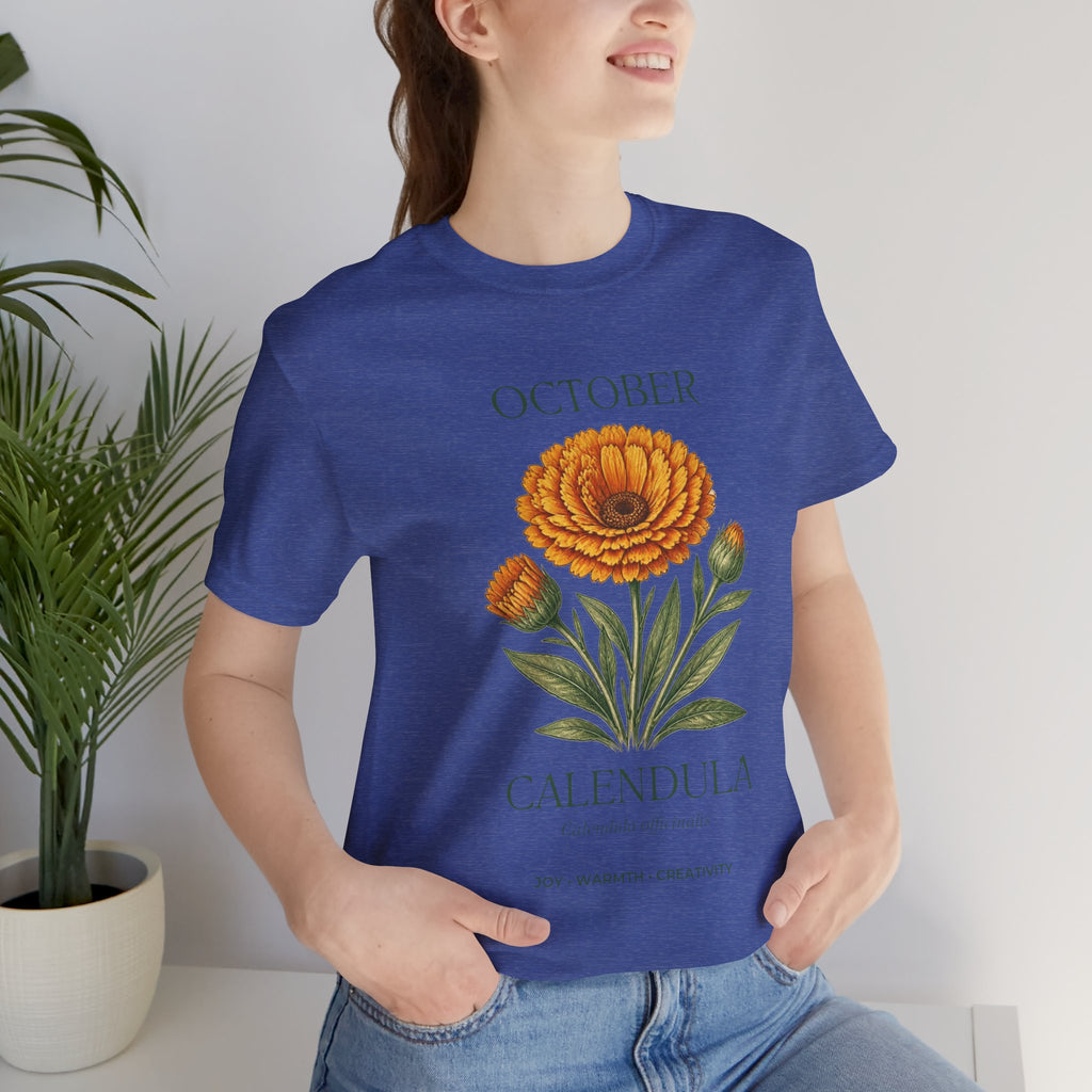 October Birth Flower Tee | Marigold & Cosmos Celestial Design | Birthday Gift