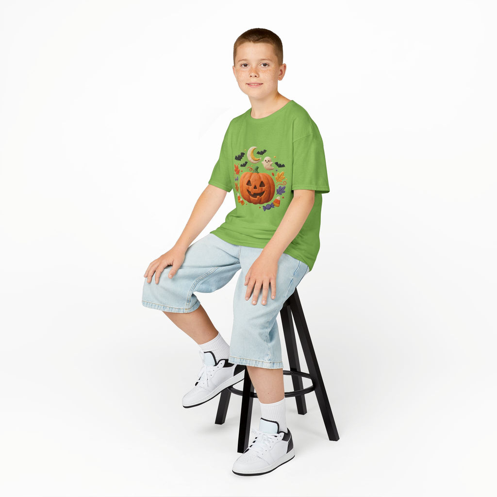Jack-o'-Lantern Pumpkin Kids Tee | Halloween Ghosts, Bats, Moon, Autumn Leaves