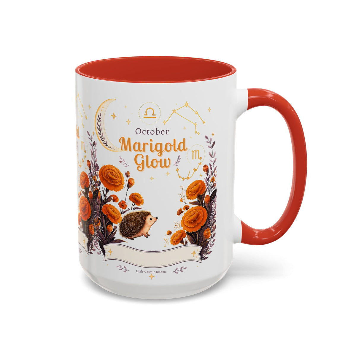 October Birth Flower Marigold Glow Accent Coffee Mug — Zodiac Libra Floral Hedgehog