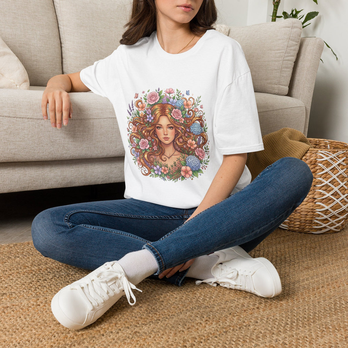 Floral Maiden T-Shirt — Vintage Boho Woman with Flowers Graphic