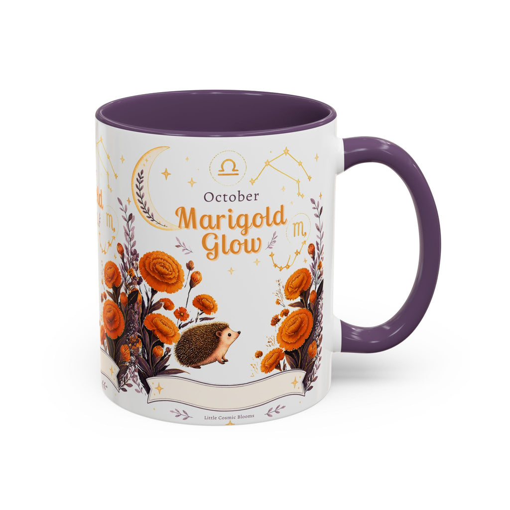 October Birth Flower Marigold Glow Accent Coffee Mug — Zodiac Libra Floral Hedgehog