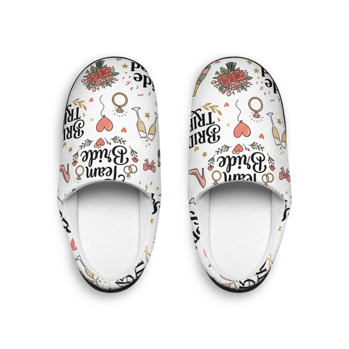 Bridal Party Indoor Slippers — 'Bride Squad' Champagne & Rose Pattern