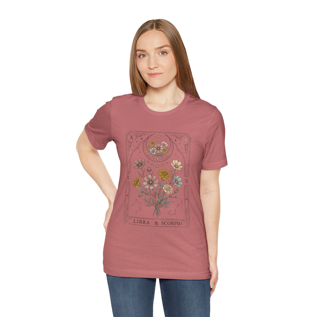Libra & Scorpio Floral Zodiac T‑Shirt — Botanical Horoscope Tee