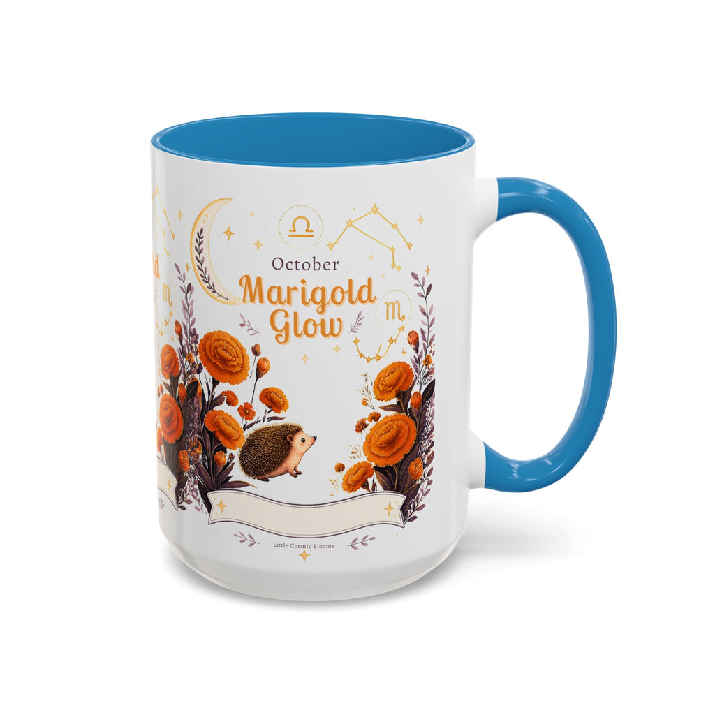 October Birth Flower Marigold Glow Accent Coffee Mug — Zodiac Libra Floral Hedgehog