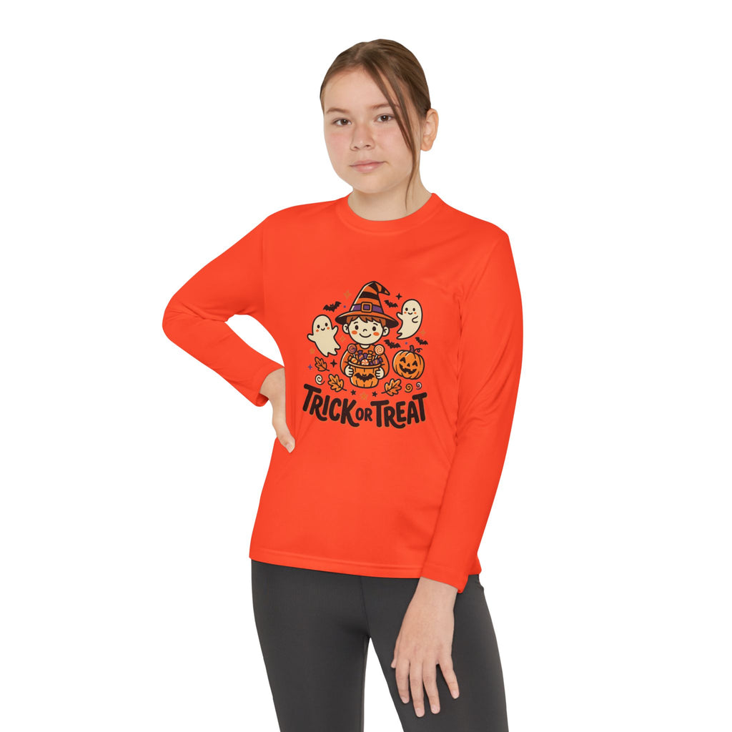 Trick or Treat Witch Kid Long Sleeve Shirt | Halloween Ghosts Pumpkins