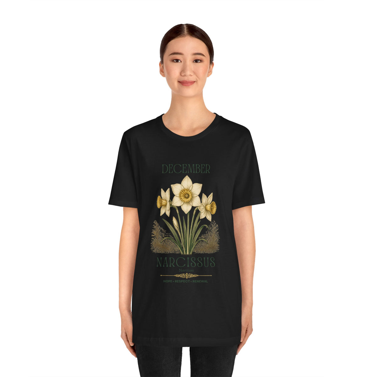 December Birth Flower Tee | Narcissus & Holly Celestial Design | Birthday Gift
