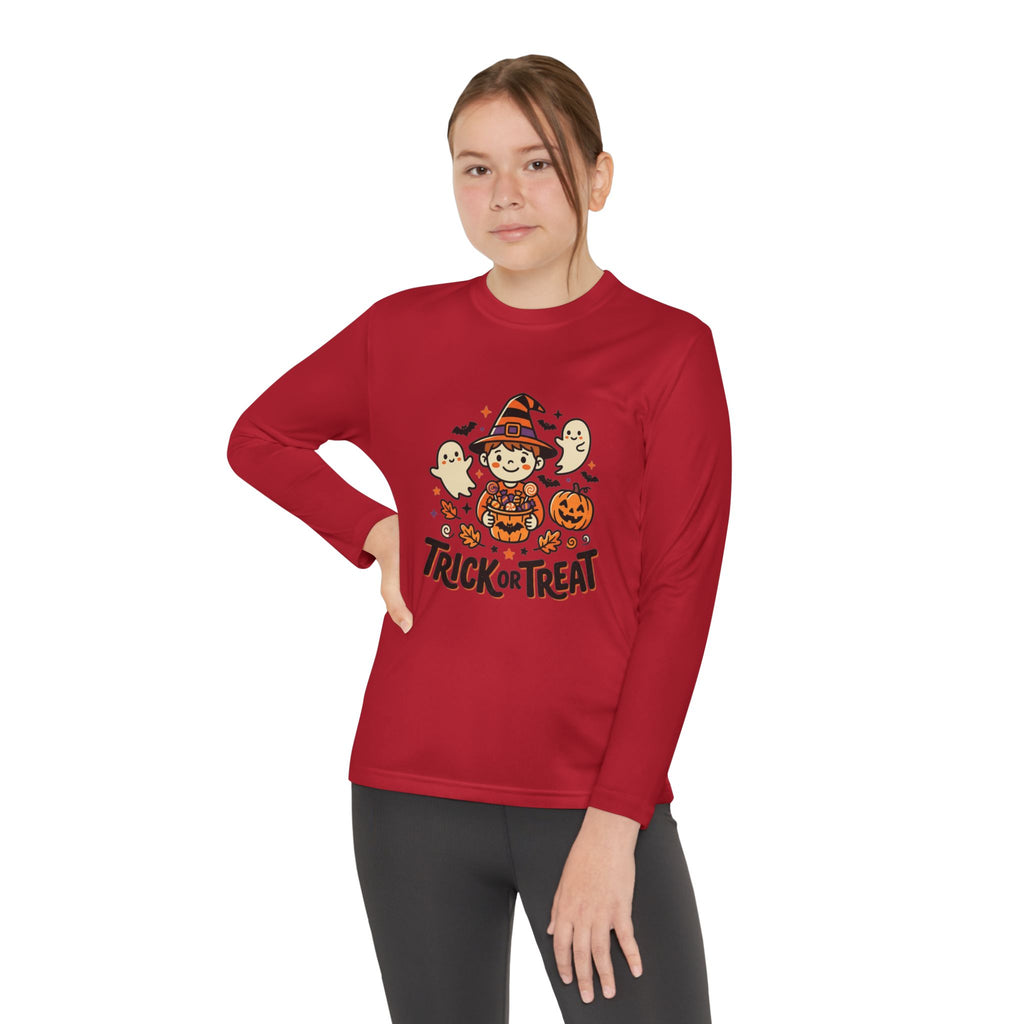 Trick or Treat Witch Kid Long Sleeve Shirt | Halloween Ghosts Pumpkins