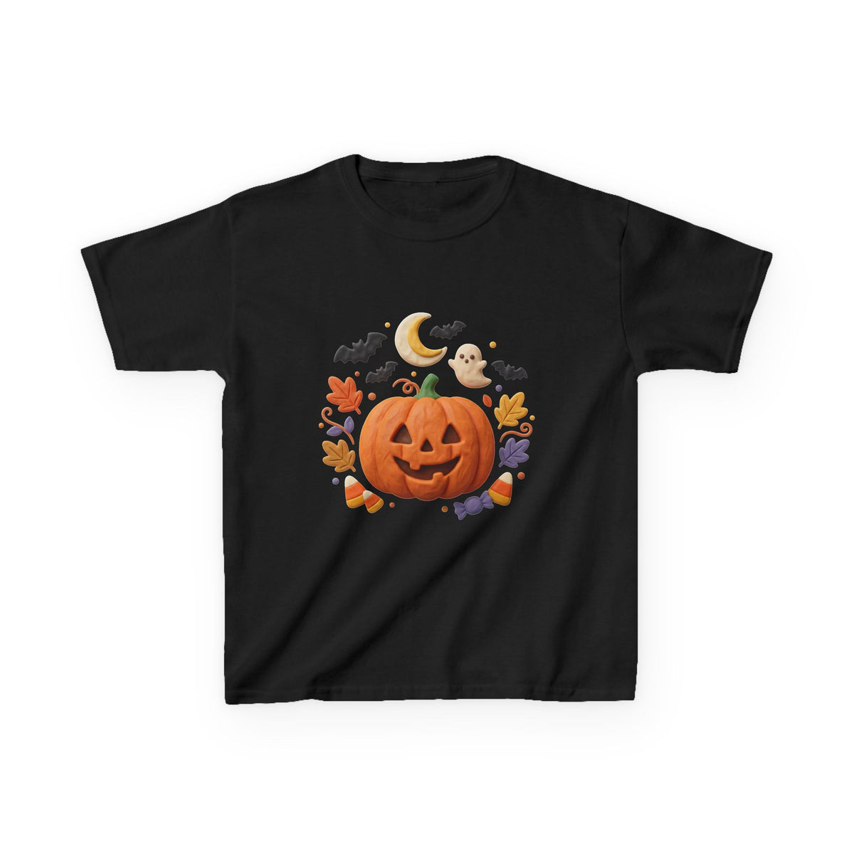 Jack-o'-Lantern Pumpkin Kids Tee | Halloween Ghosts, Bats, Moon, Autumn Leaves