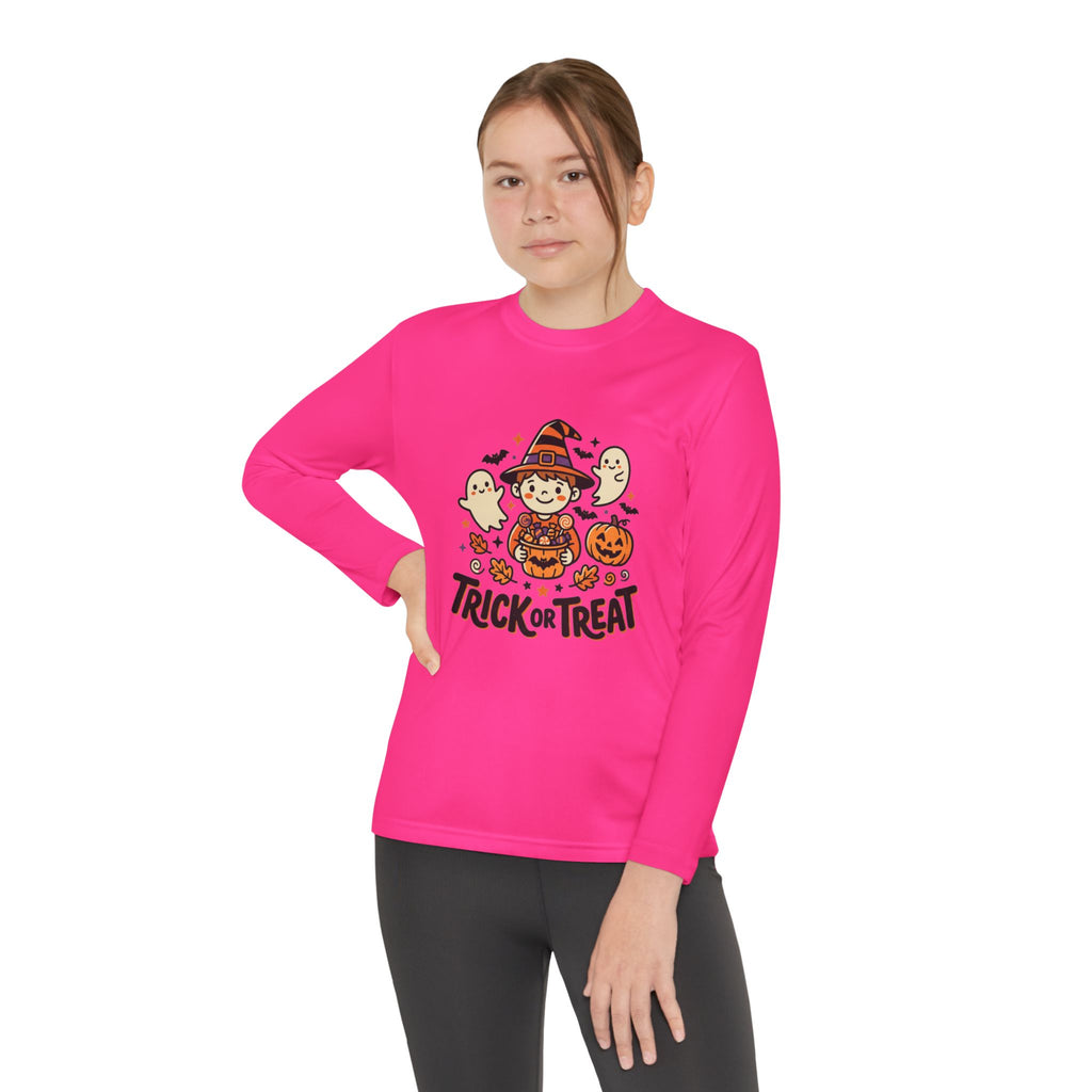 Trick or Treat Witch Kid Long Sleeve Shirt | Halloween Ghosts Pumpkins