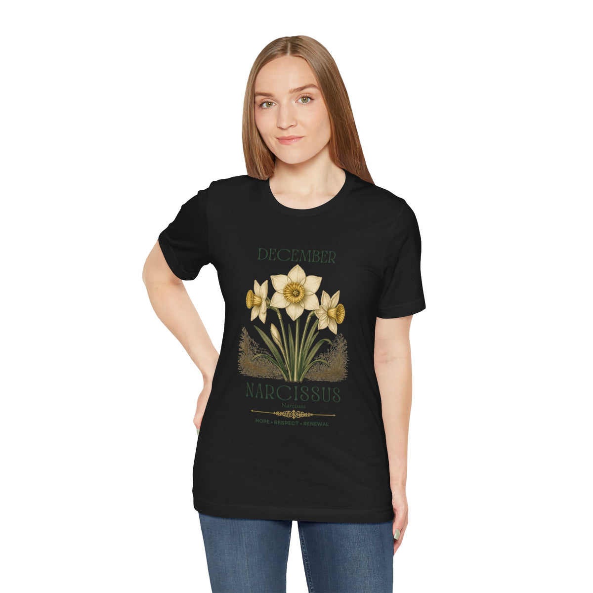 December Birth Flower Tee | Narcissus & Holly Celestial Design | Birthday Gift