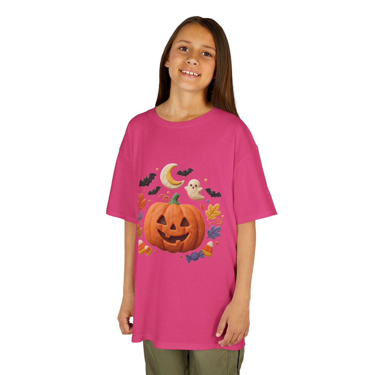 Jack-o'-Lantern Pumpkin Kids Tee | Halloween Ghosts, Bats, Moon, Autumn Leaves