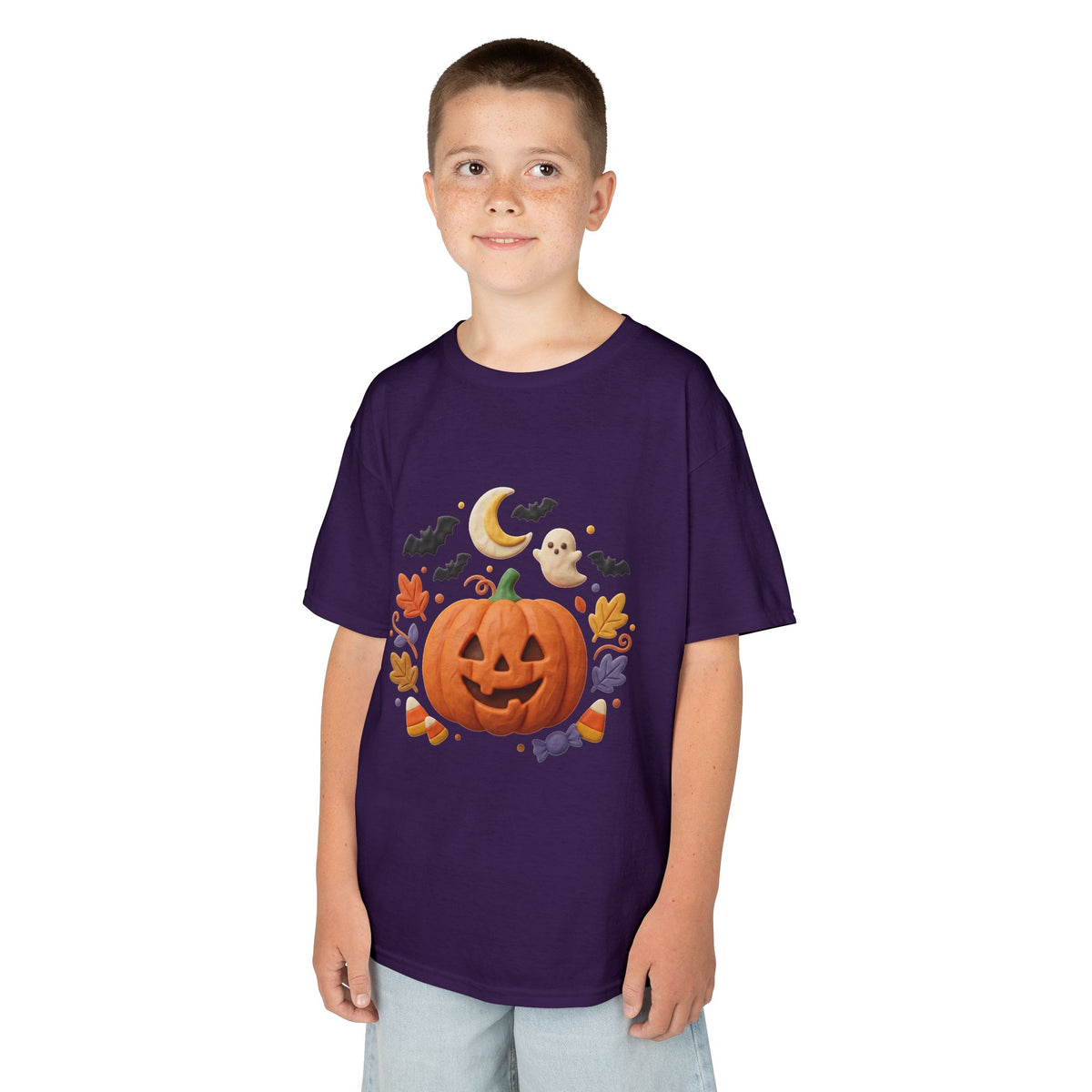 Jack-o'-Lantern Pumpkin Kids Tee | Halloween Ghosts, Bats, Moon, Autumn Leaves