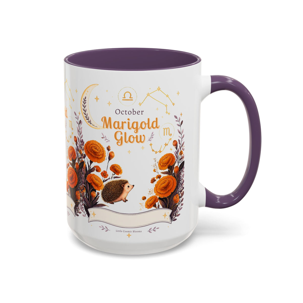 October Birth Flower Marigold Glow Accent Coffee Mug — Zodiac Libra Floral Hedgehog